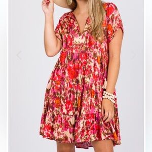 Olivaceous Pink Red Floral Mini Dress